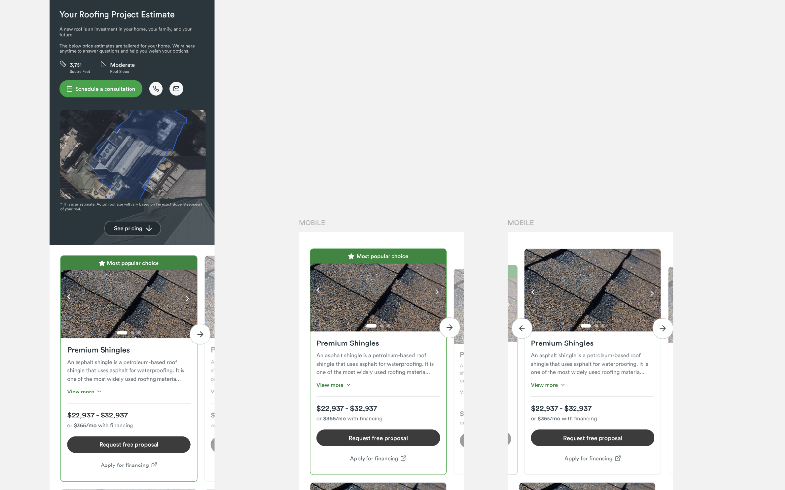 Mobile designs for a Roofr roofing project estimate: an estimate summary with roof measurements, and a swipeable carousel of shingle options with pricing and a request-proposal button.
