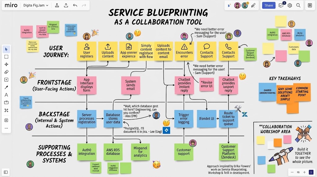 A Miro board titled Service Blueprinting as a Collaboration Tool, with swim lanes for user journey, frontstage, backstage, and supporting processes, plus key takeaways and a collaboration workshop area.