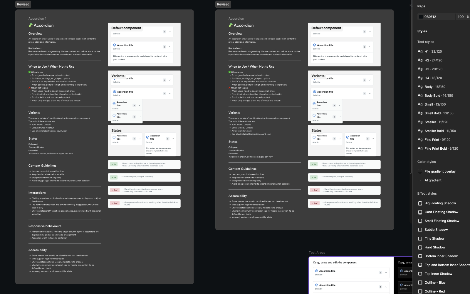 Shingle design system documentation in Figma for the Accordion component, covering overview, usage guidance, variants, states, content guidelines, interactions, responsive behavior, and accessibility.