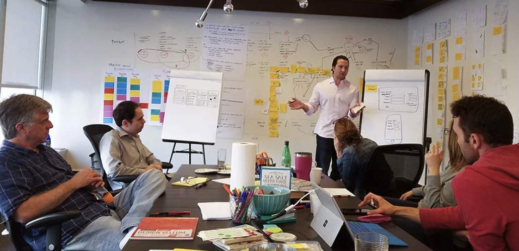 View of a collaborative working session to develop a 18 month company launch program.