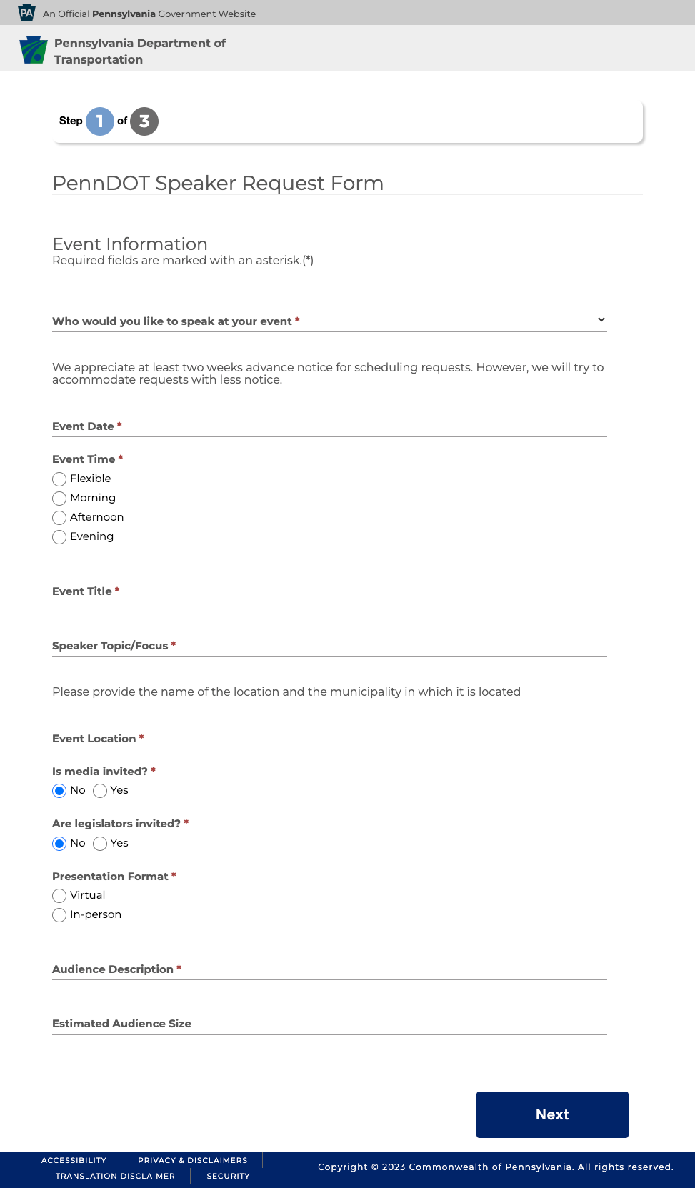 A view of an ExpressForm powering PennDOT's speaker request form.