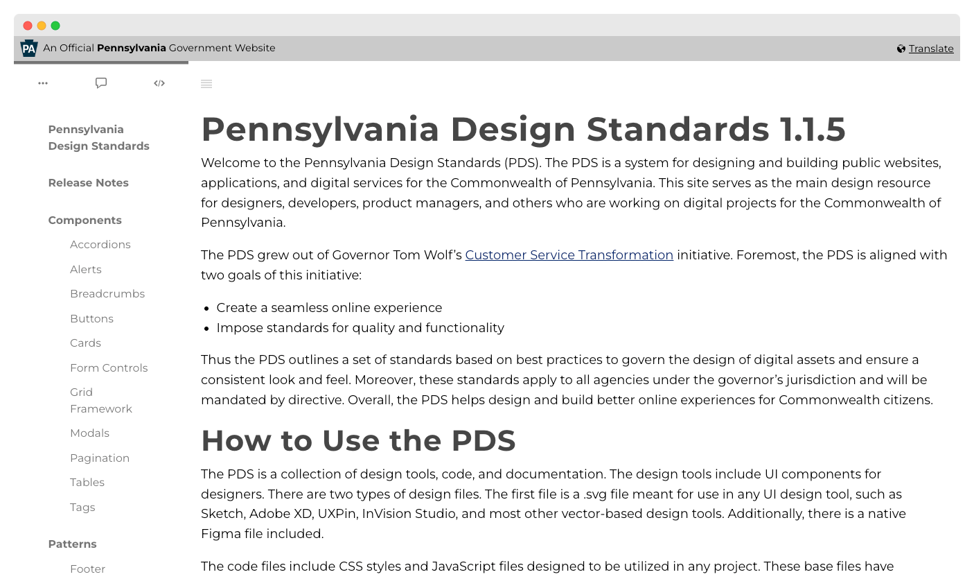 A view of the Pennsylvania Design Standards homepage with side nav showing all of the UI components available for usage.