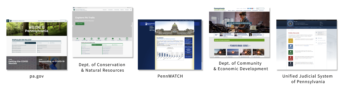 A view of several different Commonwealth websites all sharing no common visual design language.