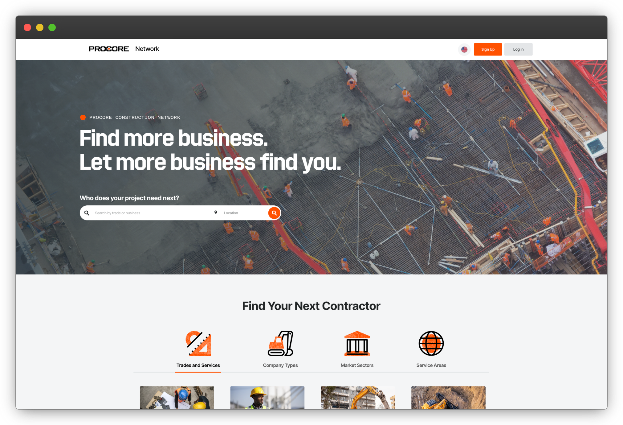 Procore Construction Network home page