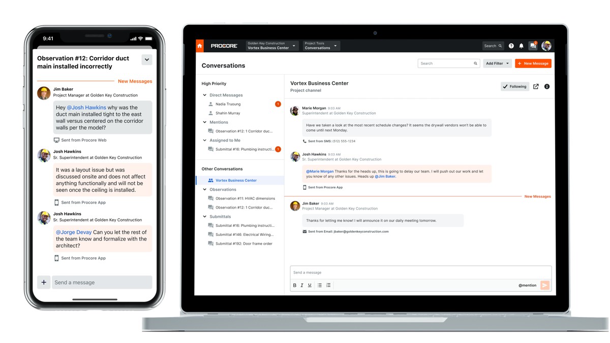 A collected view of mobile and desktop screens showcasing Procore Conversations.