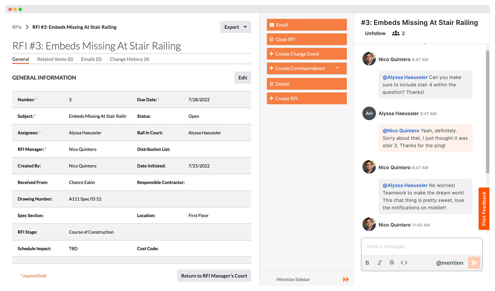 Detail screen of Procore Conversations showing how direct communication could start on an object in the system.