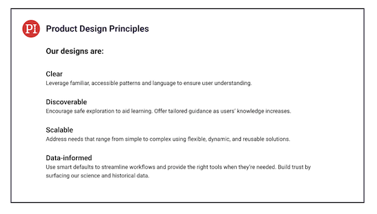 View of our design principles. We focused on clear, discoverable, scalable, and data-informed principles to approach our work.